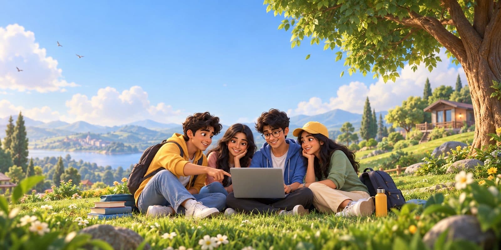 Sunny hillside study group